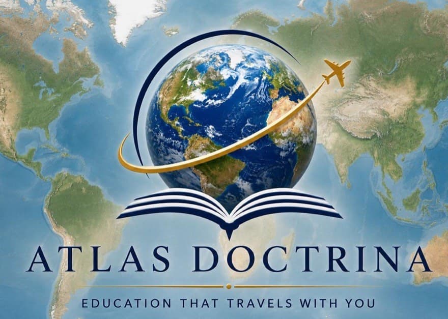 Atlas Doctrina: a globe circled by a flight path above an open book